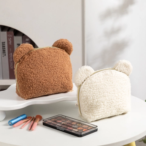 Trousse Trucco In Peluche Teddy Orecchie D'orso Sherpa Pile Pochette Cosmetica Viaggio Organizzatore Morbido Cerniera