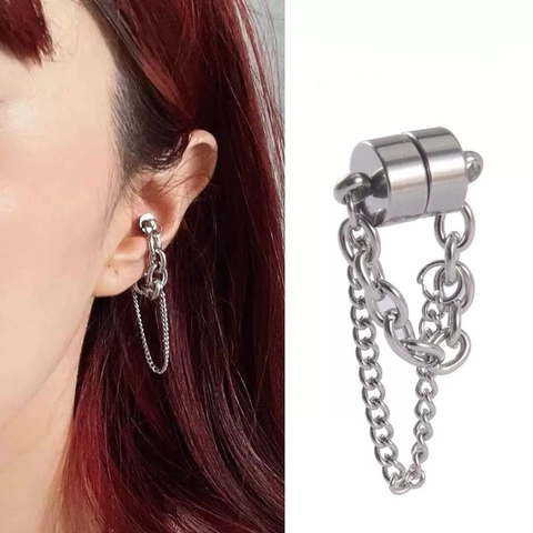 Clip De Oreja Con Cadena Magnética Aleación Sin Perforación Borla De Cadena Doble Pendiente De Puño Unisex Color Plata