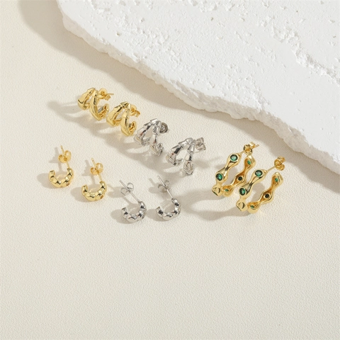 Copper C Shape Earrings 14K Gold Plated Zircon Geometric Liquid Metal Wavy Studs Jewelry For Women