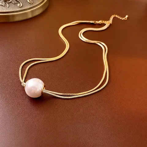 Collana Doppio Strato Con Grande Perla Artificial Sintetica Catena A Serpente In Rame Placcato Oro Stile Vintage Francese Donna