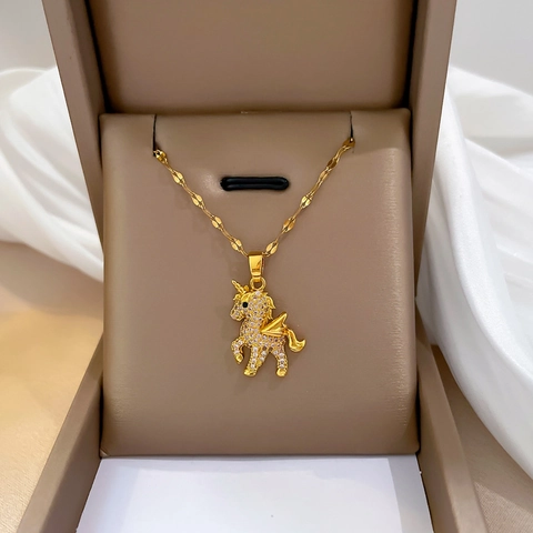 Goldfarbene Edelstahlkette Halskette Mit Strass Besetztem Kupfer Einhorn Anhänger Für Damen Mode Schmuck