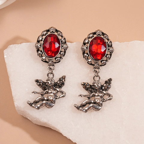 Orecchini Pendenti Angelo Vintage Strass Rosso 925 Sterling Silver Earring Post Stile Barocco Palazzo Per Donne