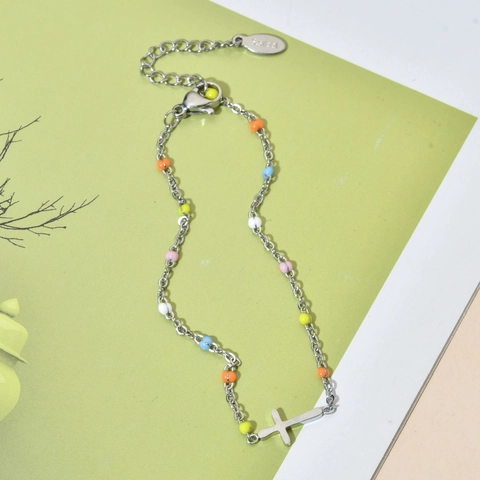 Böhmisches Edelstahl Armband Für Damen Mehrfarbige Emaille Perlen Kreuz Anhänger Retro Handgefertigter Schmuck Verstellbar