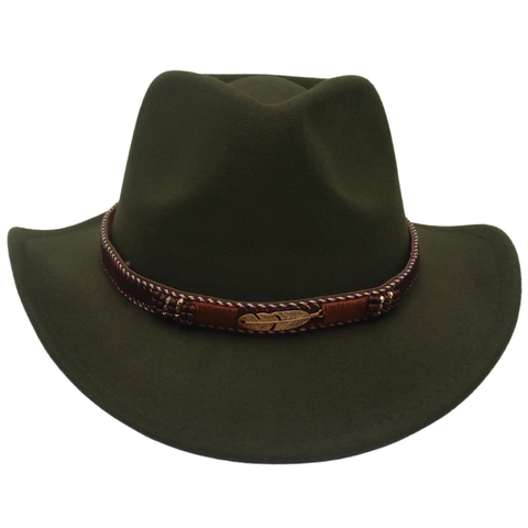 Retro Western Cowboy Fedora Hat Wool Felt Wide Brim With Feather Pendant Braided Band Fashion Outdoors Accessory