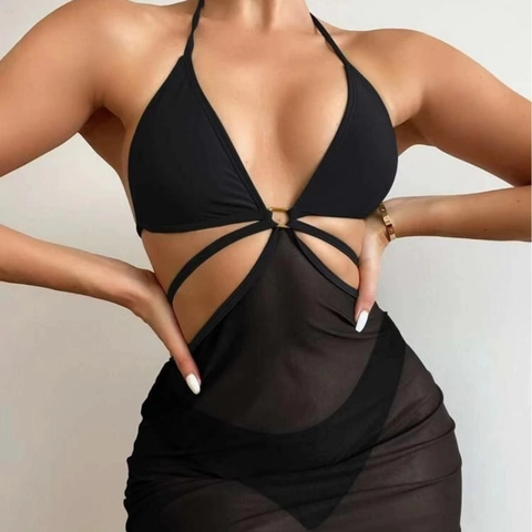 Halter Cut Out Bikini And Mesh Cover Up Skirt Sexy Ruched Swimsuit Beachwear Polyester Spandex Solid Color Women