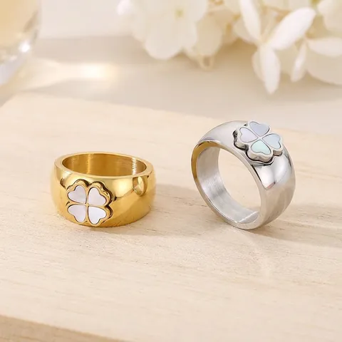 Anillo De Banda Ancha Trébol Incrustación Concha Acero Inoxidable Pulido Elegante Moda Mujeres Accesorio