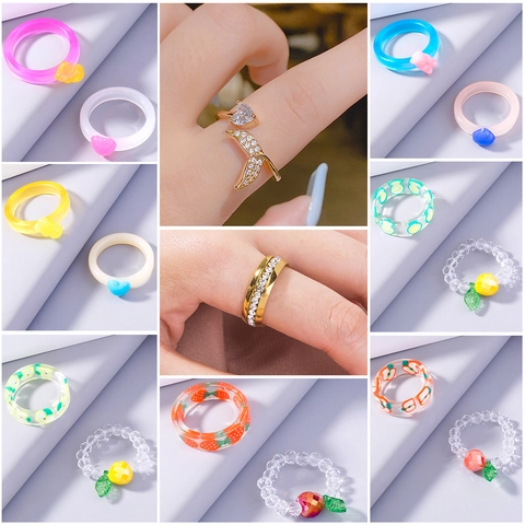 Cute Acrylic Fruit Rings For Women Colorful Strawberry Lemon Apple Heart Bear Pattern Alloy Zirconia Mermaid Tail Open Ring Jewelry