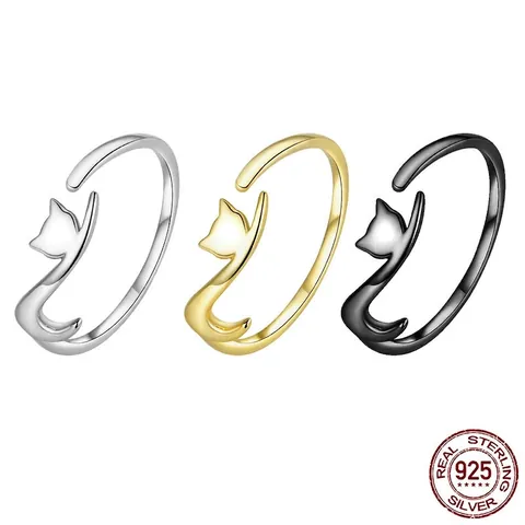 925 Sterling Silver Cat Open Ring Adjustable Cute Kitten Animal Wrap Ring For Women Girls Minimalist Fashion Jewelry Gift
