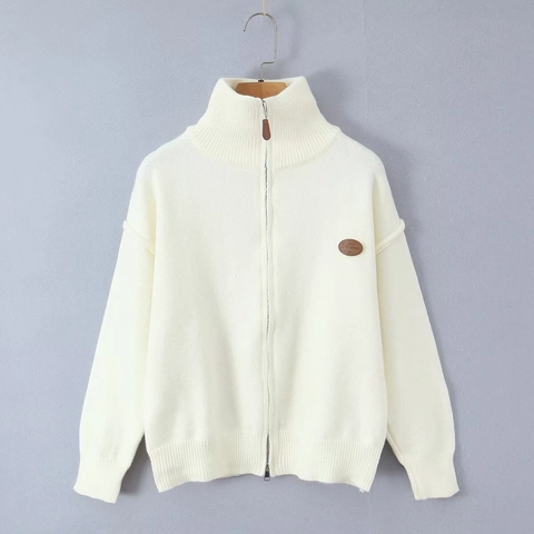 Women Knitted Cardigan Stand Collar Full Zipper Long Sleeve Sweater With Leather Patch Casual Warm Solid Color Top