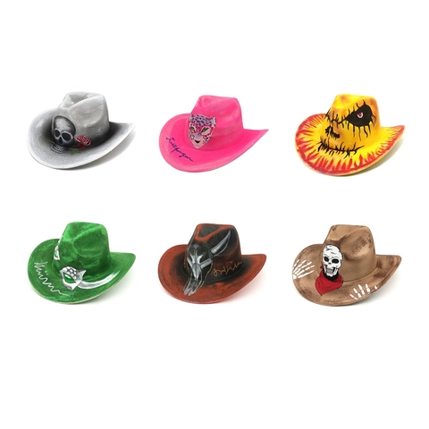 Hand Painted Western Cowboy Hat Polyester Felt Graffiti Skull Flame Leopard Print For Halloween Cosplay Party Punk