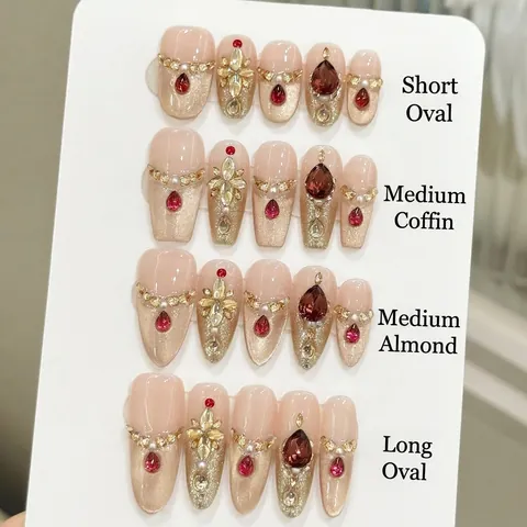 Uñas Postizas Hechas A Mano Diamantes De Imitación Rojo Rubí Ojo De Gato Lujo Coffin Almendra Ovalada Con Perla Artificial Brillo