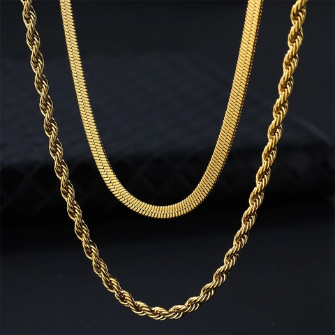 Layered Necklace Jewelry For Women Men Stainless Steel 18K Gold Plated Rope Chain And Herringbone Snake Chain