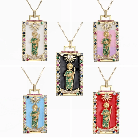 Tarot Card Pendant Necklace Gold Plated Copper Colorful Zircon Enamel Vintage Priest Death Totem Mystical Jewelry