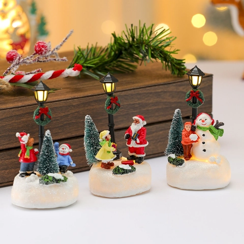 Christmas Luminous Resin Miniature Ornament LED Light Street Lamp Santa Claus Snowman Figurine Holiday Desktop Decoration Gift