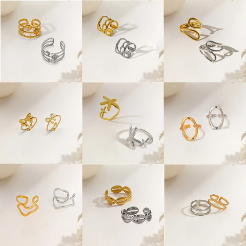 Stainless Steel Rings Open Adjustable Gold Plated Minimalist Heart Leaf Snake Butterfly Geometric Jewelry For Women