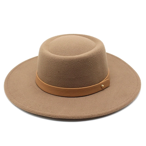 Boater Hat Flat Top Wool Felt Wide Brim Fedora With Leather Band Metal Rivet Retro Unisex Fashion Accessory