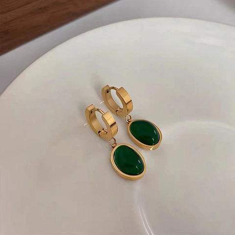 Titanium Steel Emerald Green Oval Gemstone Jewelry Set Vintage Gold Snake Bone Chain Necklace Bracelet Stud Earrings For Women