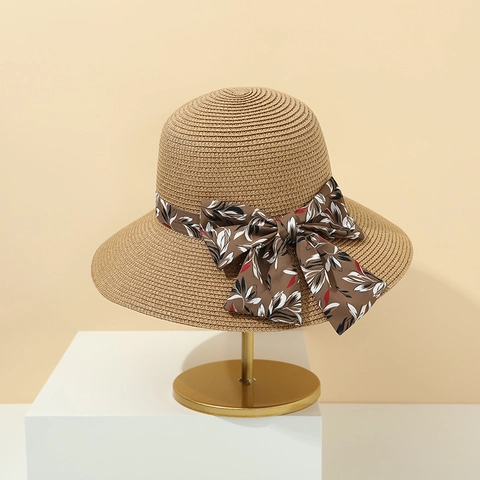 Cappello di Paglia a Tesa Larga da Donna Protezione Solare Estiva Pieghevole Cupola Rotonda Con Fiocco in Nastro Floreale Vacanza