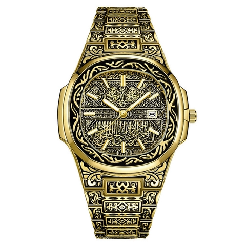 Men Quartz Watch Vintage Islamic Style Full Engraved Alloy Metal Strap Date Calendar Fashion Wristwatch Luxury Style