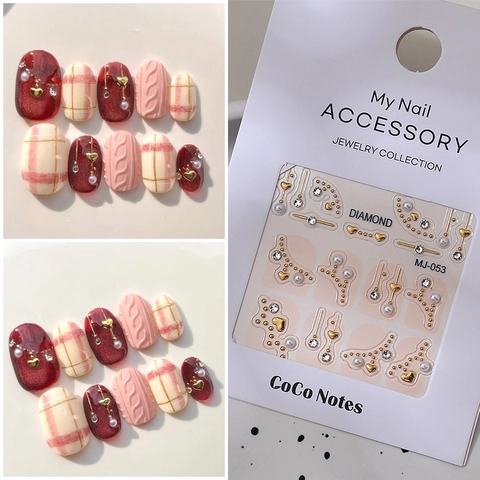 5D Embossed Nail Art Stickers Jewelry Decoration With Faux Artificial Pearl Rhinestone Waterproof DIY Manicure Charm Accessory