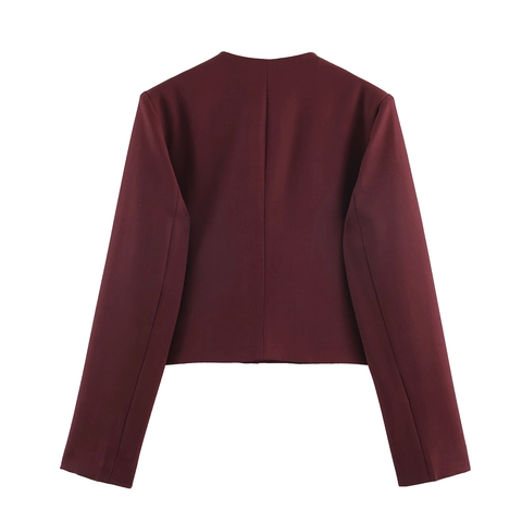 Dames Blazer Top Ronde Hals Kort Polyester Single Breasted Metalen Knoop Retro Elegant Lange Mouw Kantoorjas