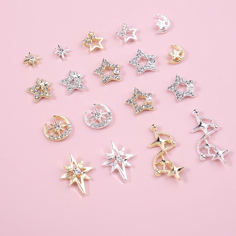 Star Moon Nail Art Charms Alloy Rhinestone Artificial Pearl Hollow Out 3D Luxury DIY Manicure Decoration For Women