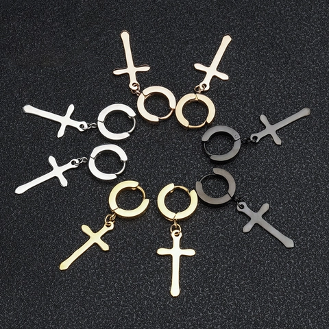 Pendientes De Aro Con Cruz Para Hombres Y Mujeres De Acero Inoxidable Joyería Punk Gótica Religiosa Pulido De Alto Brillo