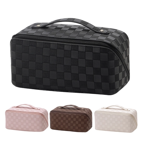 Large Capacity Makeup Bag PU Leather Checkerboard Pattern Portable Travel Toiletry Case Waterproof Cosmetic Organizer