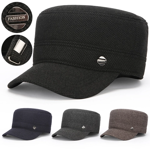 Men Winter Cadet Cap Cotton Warm Windproof Hat With Ear Flaps Adjustable Metal Buckle Fashion Military Style For Outdoor