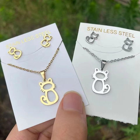 Stainless Steel Hollow Cat Necklace And Stud Earrings Cute Animal Minimalism Elegant Jewelry For Women Girls