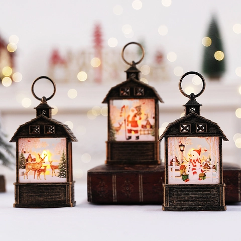 Weihnachts Dekolaterne LED Retro Bronze Ornament Weihnachtsmann Rentier Schneemann Muster Handlampe Tischdeko