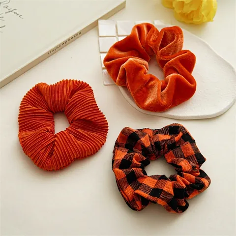 Scrunchies Halloween Zucca Arancione Nero Velluto Quadri Pieghettato Tessuto Elastici Capelli Accessori Autunno Donne