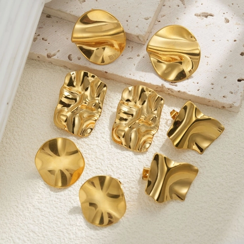 Geometric Irregular Stainless Steel Stud Earrings With 18K Gold Plated Bumpy Wrinkle Texture Minimalist Style For Women
