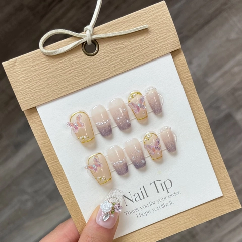 Handmade Press On Nails Butterfly 3D Artificial Pearl Decor Gradient Pink Purple Coffin Ballerina Fake Nail Tips For Women Elegant