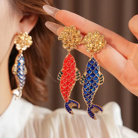 Koi Vis Hangende Oorbellen Emaille Legering Strass Vintage Chinese Stijl Voor Dames Met 925 Zilveren Oorsteker
