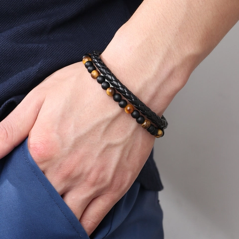 Men Double Layer Bracelet Natural Tiger Eye Stone Lava Rock Beads Braided PU Leather Magnetic Clasp Fashion Jewelry