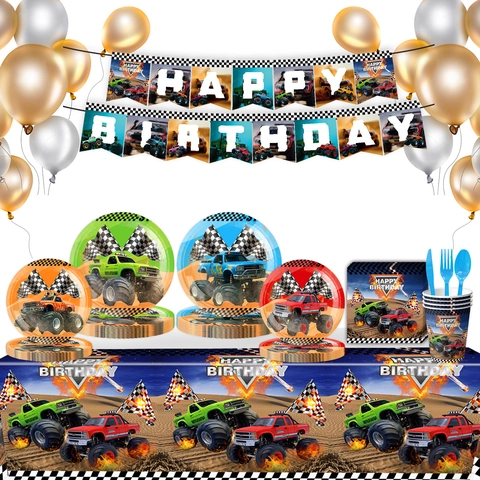 Monster Truck Birthday Party Supplies Off-Road Theme Banner Tableware Tablecloth Napkins Plates Cups Cake Toppers Balloons