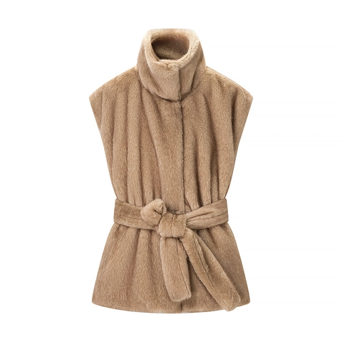 Women Faux Fur Vest Stand Collar Belted Solid Color Sleeveless Polyester Casual Fashion Waist Tie Outwear