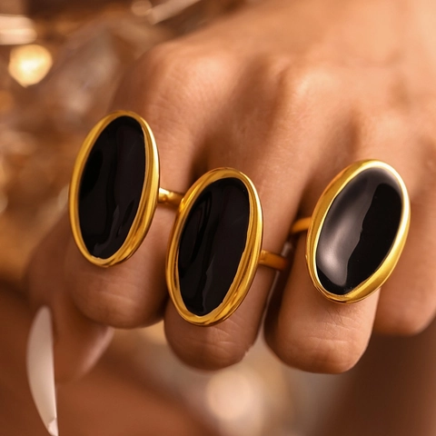 French Style Oval Open Ring Stainless Steel PVD Gold Plated Enamel Black Statement Ring Adjustable Light Luxury Women Jewelry