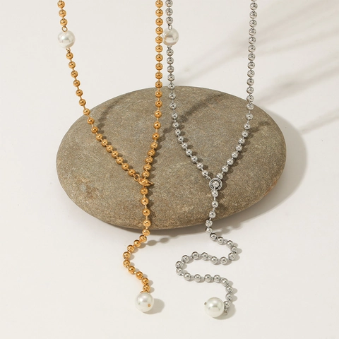 Collana Lariat A Forma Di Y In Acciaio Inossidabile Con Perla Artificial Catena A Sfere Lungo Minimalista Impermeabile Placcato PVD