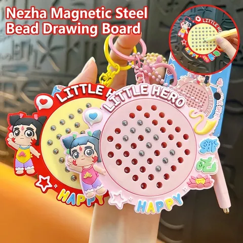 Cartoon Boy Hero Magnetic Bead Drawing Board Keychain Portable Stress Relief Educational Toy Pendant For Students Children Kids