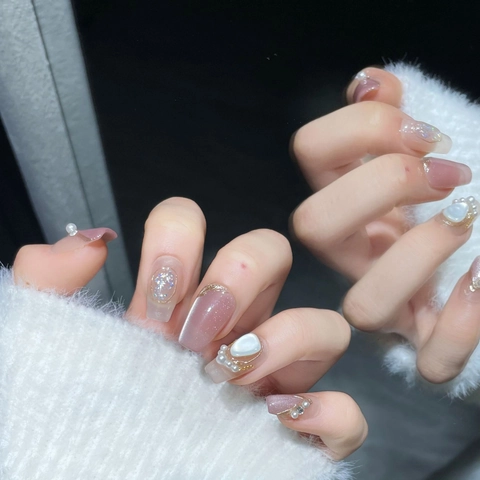 Uñas Postizas a Presión Coffin Hechas a Mano Efecto Ojo de Gato Con Perlas Artificiales Adorno de Strass Manicura Estilo Dulce para Mujeres