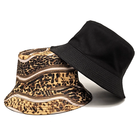 Bucket Hat Wendbar Leopard Print Polyester Sonnenschutz Atmungsaktiv Strand Sommer Vintage Retro Damen