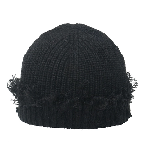 Bonnet En Tricot Troué Laine Acrylique Bord Effiloché Côtelé Streetwear Hip Hop Style Vintage Unisexe Chaud
