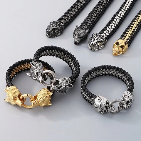 Pulsera Hombre Acero De Titanio Cuero Trenzado Doble Cabeza De Lobo León Calavera Punk Rock Biker Joyería Accesorio Gótico