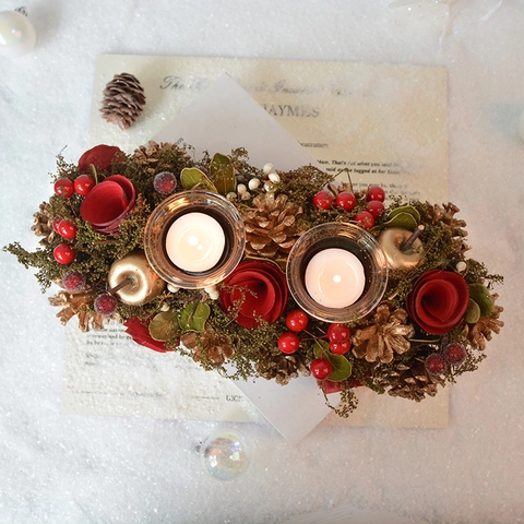 Christmas Pinecone Rose Candle Holder Centerpiece Glass Wood Simulation Plants With Wax Candle Vintage Holiday Table Decor