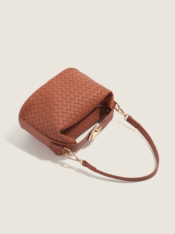 Woven PU Leather Crossbody Bag With Detachable Shoulder Strap Solid Color Small Handbag For Women Daily Casual