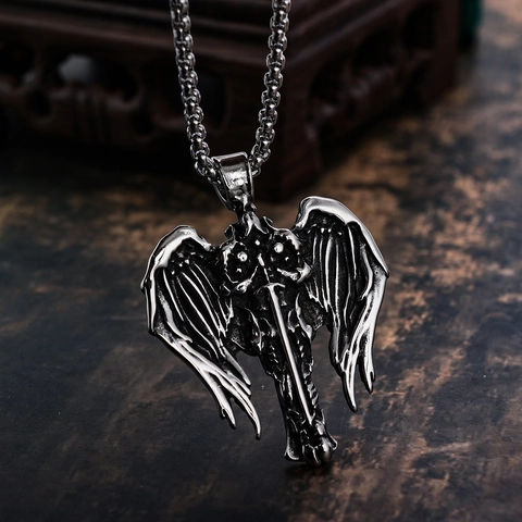 Vintage Gothic Angel Wing Sword Cross Pendant Necklace Stainless Steel Punk Rock Jewelry For Men Women