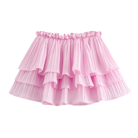 Dames Gelaagde Ruches Mini-rok Elastische Taille Roze Zoete Taartrok Polyester Lichtgewicht Zomer