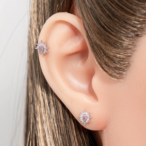 Starburst Ear Cartilage Stud Titanium Steel Pink Zircon Sun Flower Screw Back Conch Piercing Jewelry For Women